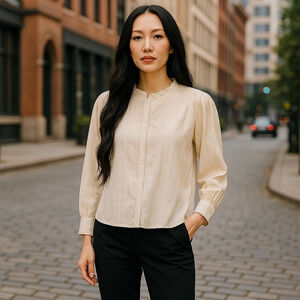 Yellow Top Women Size Large Cotton Swiss Dot Pleated Ruffle Round Neckline Long